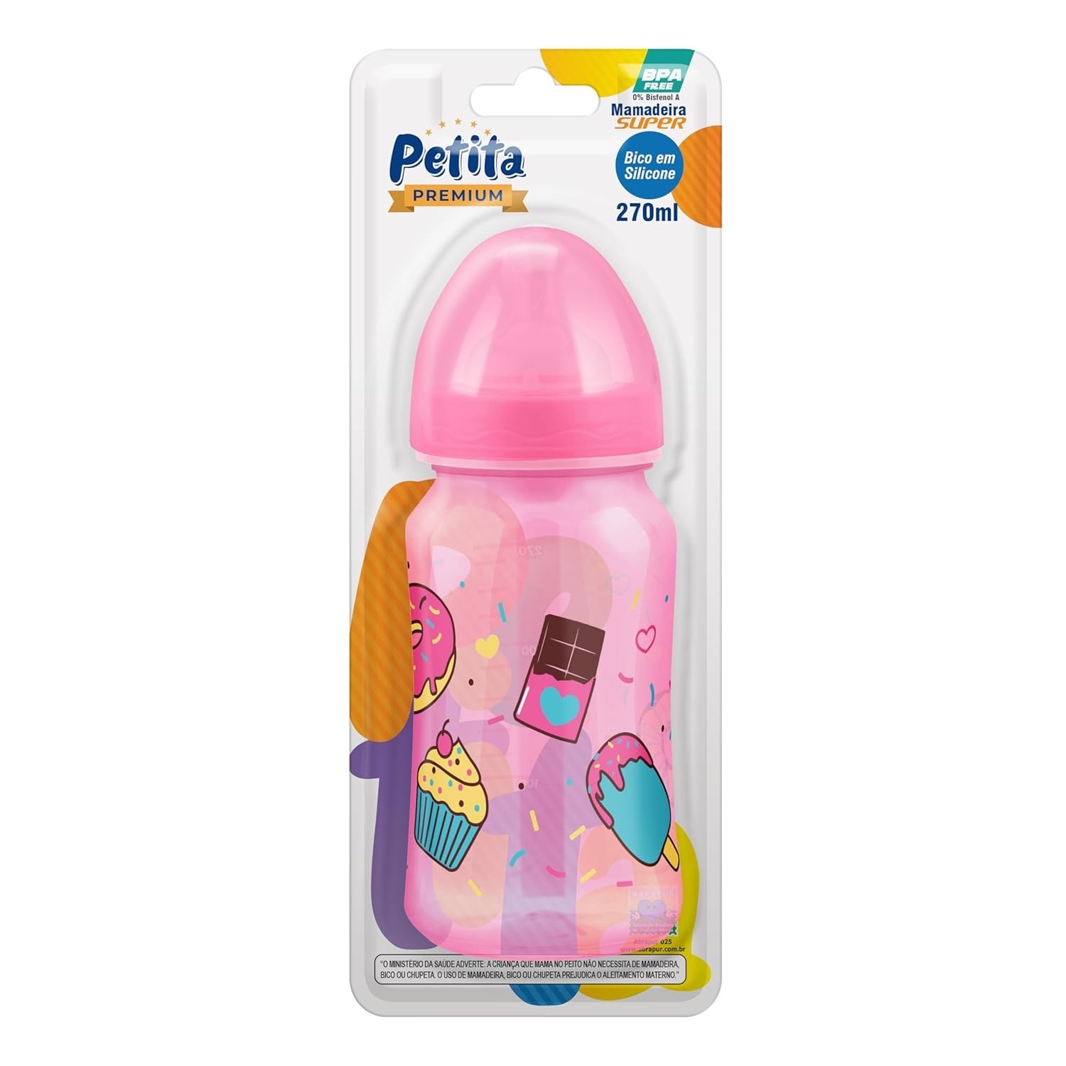 Mamadeira Super 270ml Decorada Color com Bico Redondo em Silicone - Rosa | Segura, Ergonômica e Atóxica
