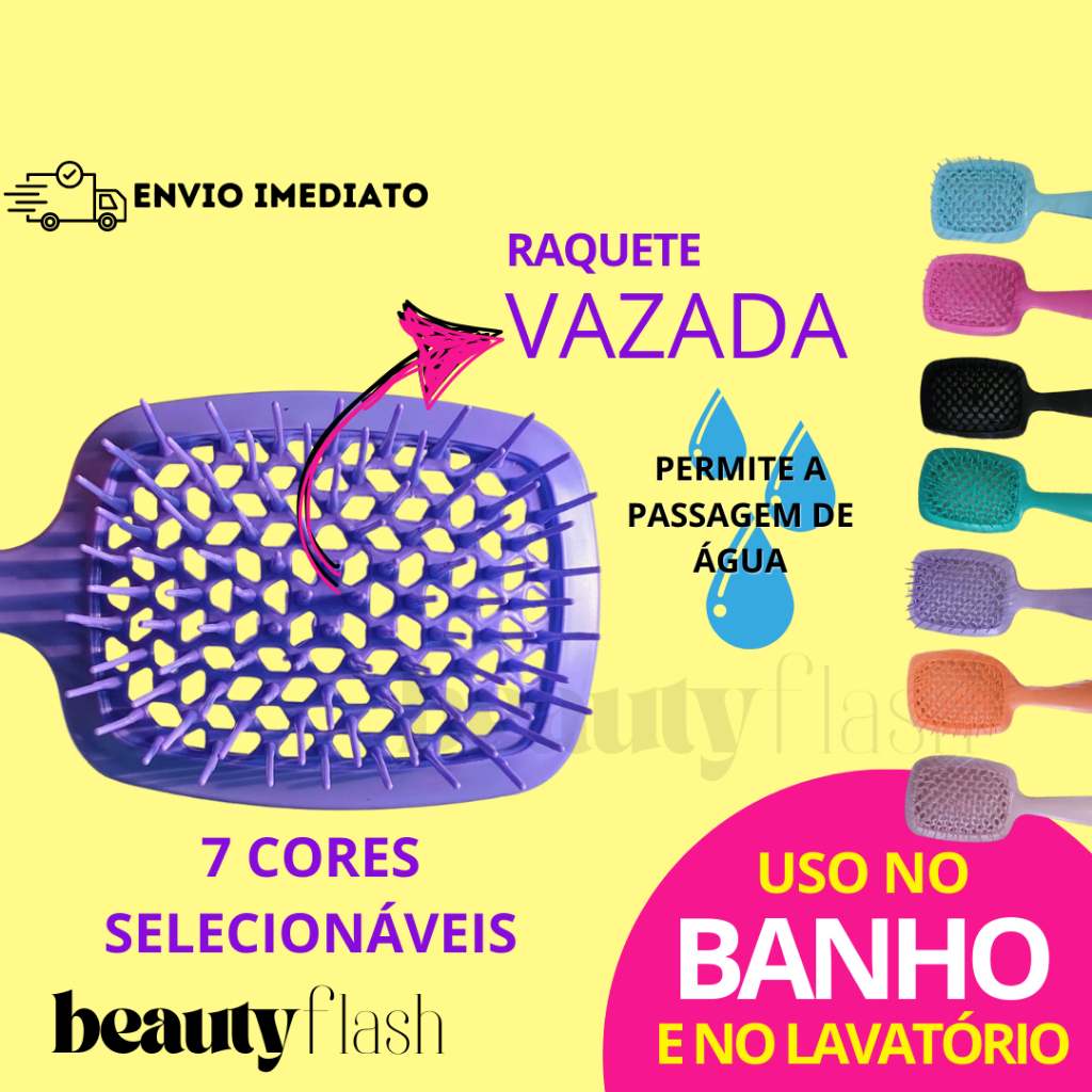 Escova Raquete Vazada: Cabelos Desembaraçados no Banho!