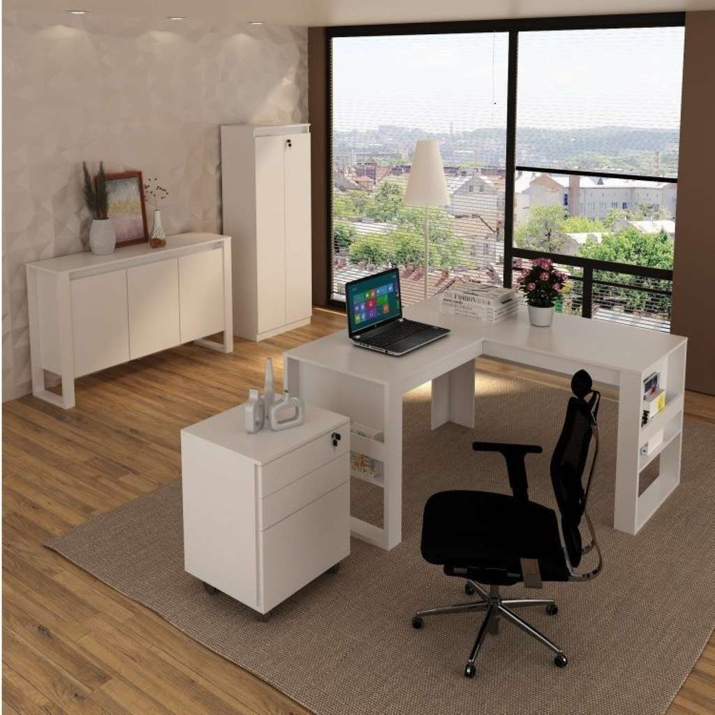 Escritório Completo: Mesa em L + Gaveteiro + Armário