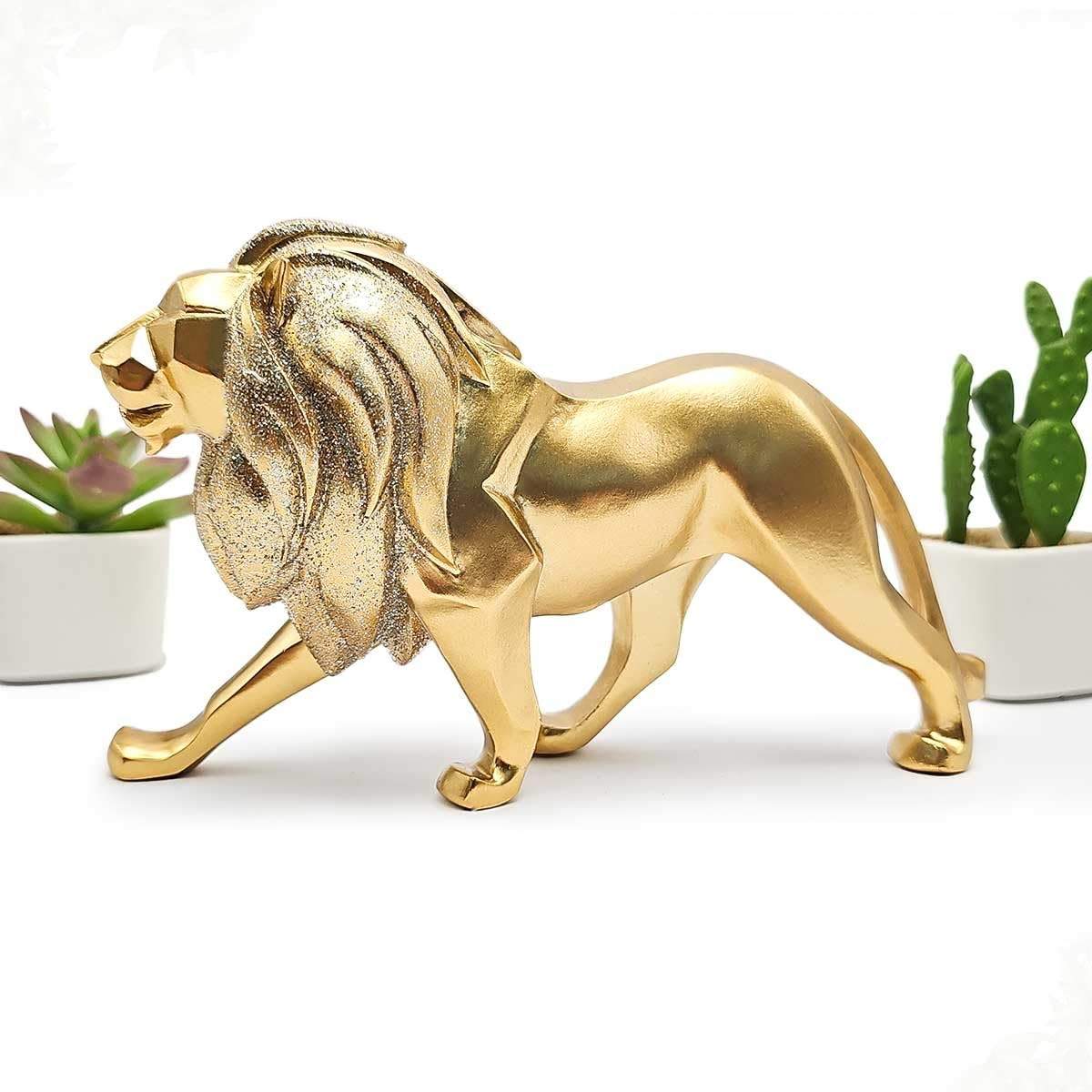 Estátua de Leão Dourado com Brilho - Decoração Minimalista para Casa e Escritório
