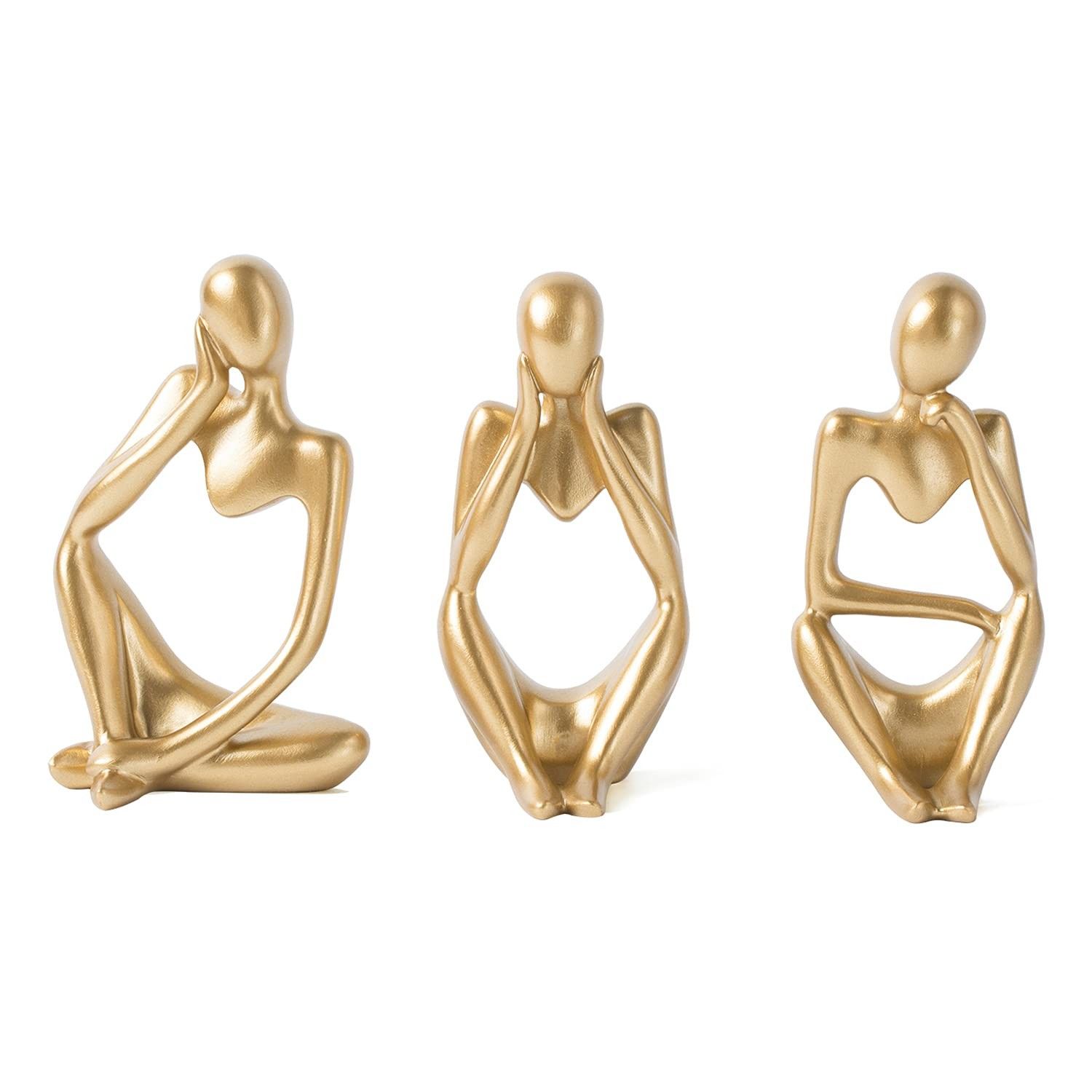 FJS Estátuas Gold Thinker - Conjunto de 3 Esculturas Douradas para Decoração Moderna de Mesa