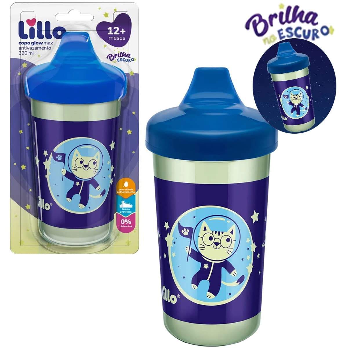 Lillo Copo Antivazamento Max Brilha no Escuro 320ml - Azul | Seguro, Educativo e Ideal para Bebês a Partir de 12 Meses