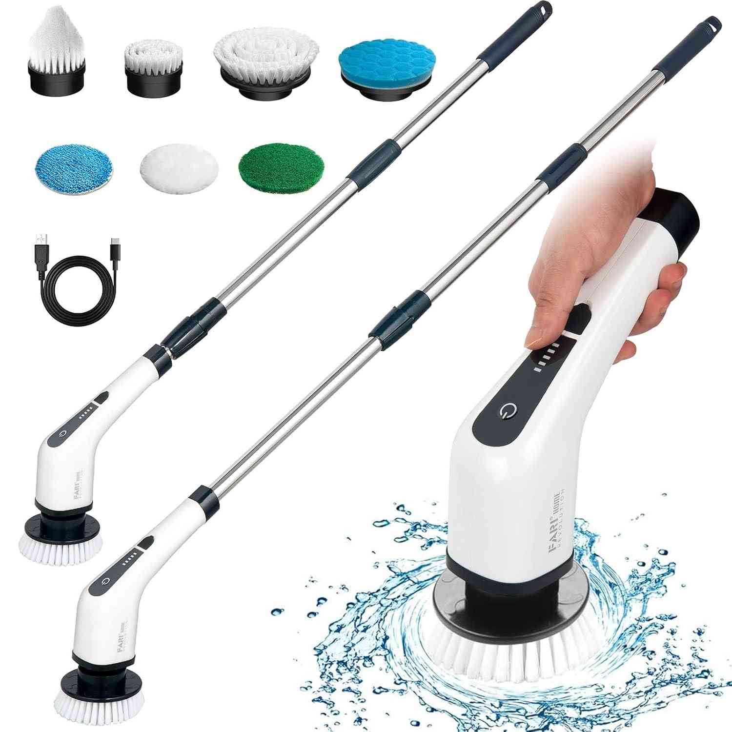 Esfregador Giratório Elétrico FARI - 7 Cabeças, Sem Fio, 360°, Alça Ajustável - Ideal para Banheiro, Cozinha e Carro (Branco)