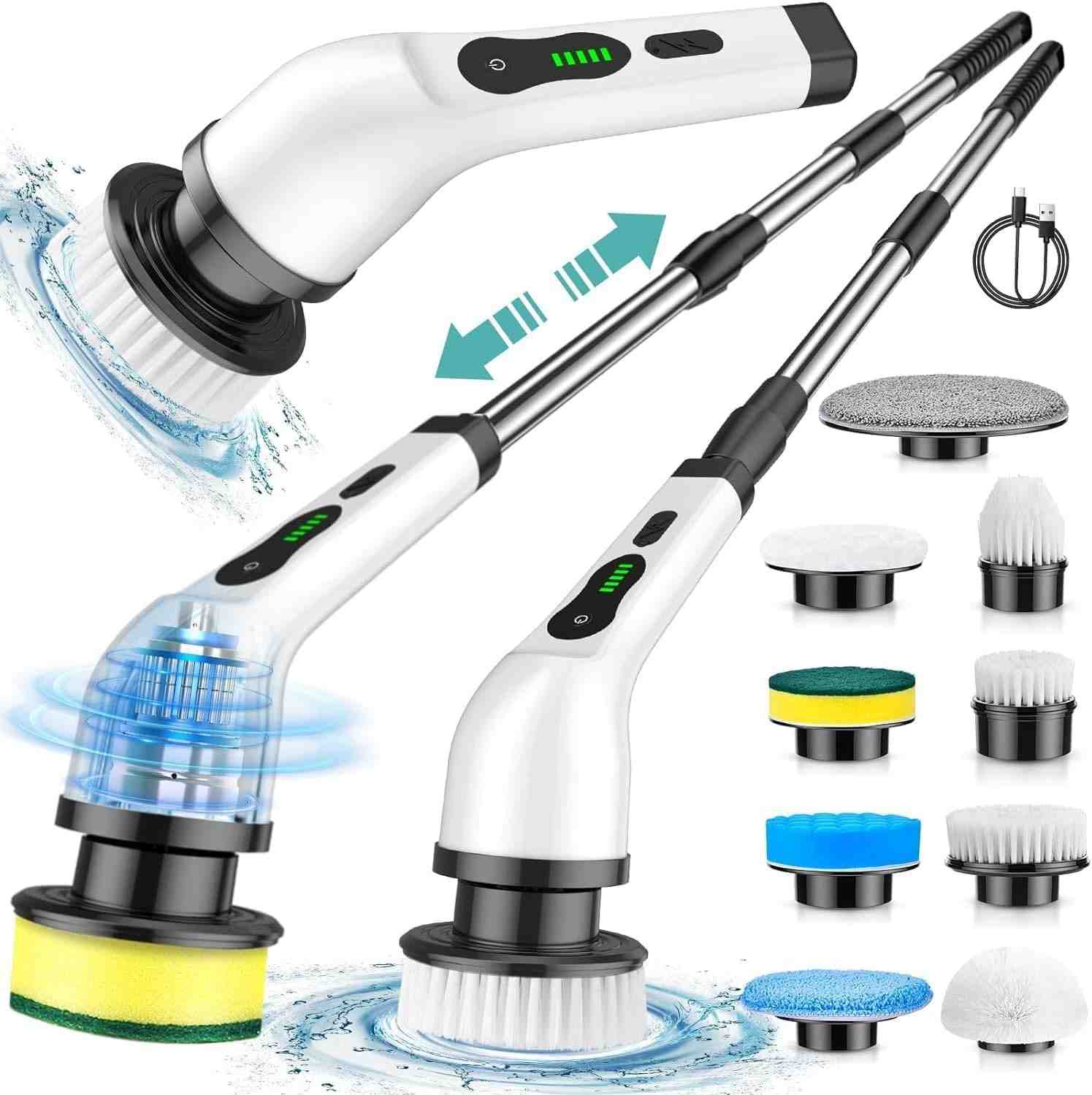 Esfregão Elétrico Giratório 9 em 1 com Cabo Ajustável e 9 Cabeças – Limpeza Poderosa e Sem Esforço para Pisos, Azulejos e Banheiros