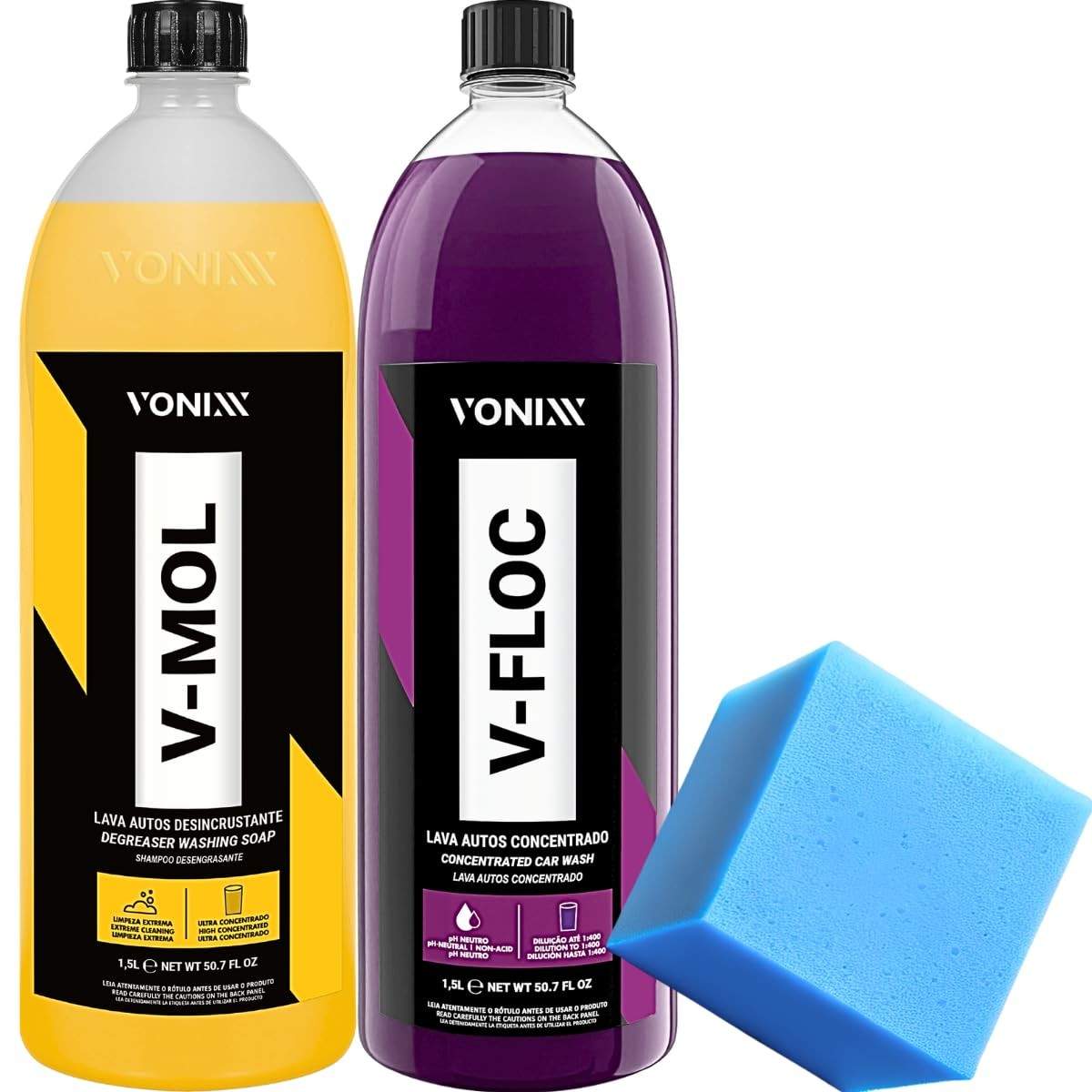 Kit Lava Carro e Moto Vonixx: V-MOL Desincrustante + V-FLOC Neutro + Esponja Yamase