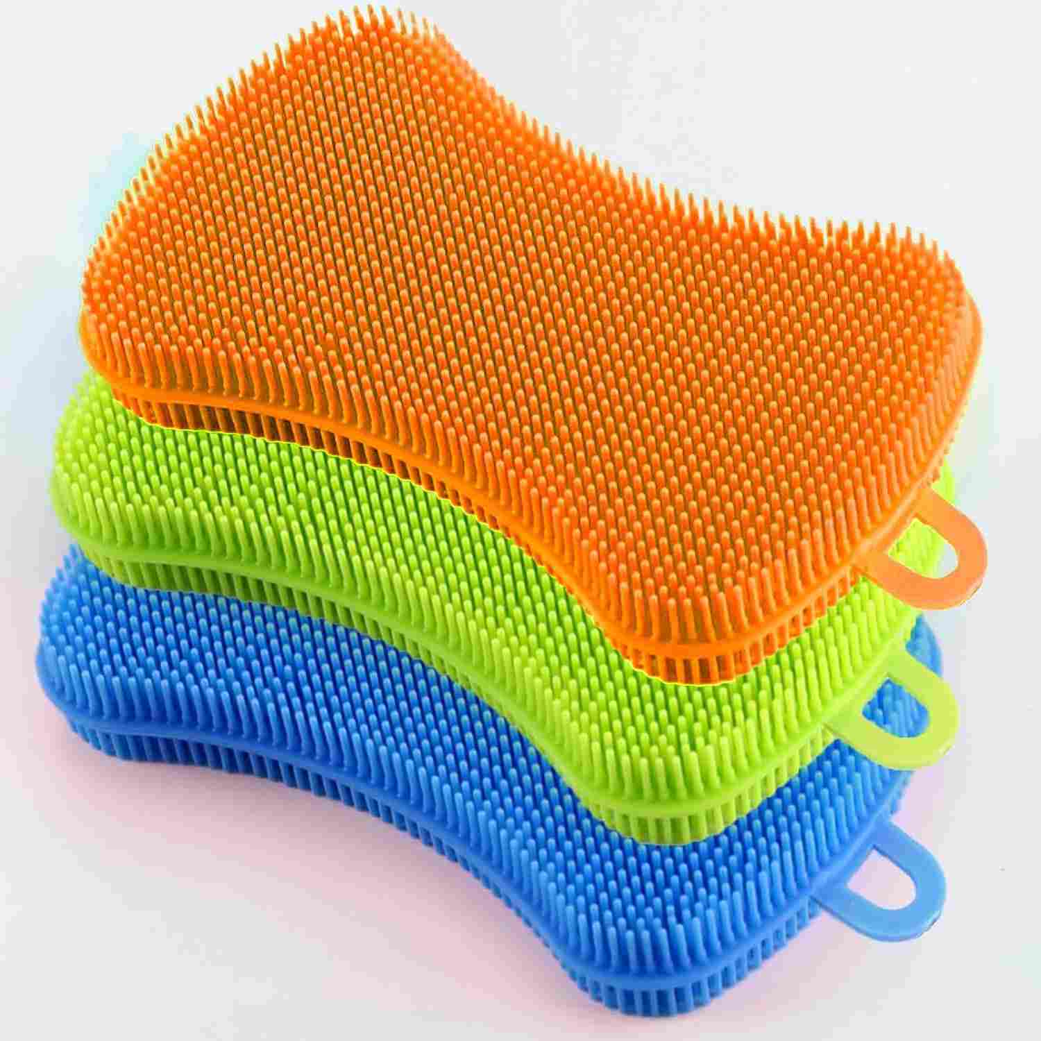 Esponjas de Silicone para Cozinha - 3 Unidades Azul, Verde e Laranja | Grau Alimentício e Multiuso