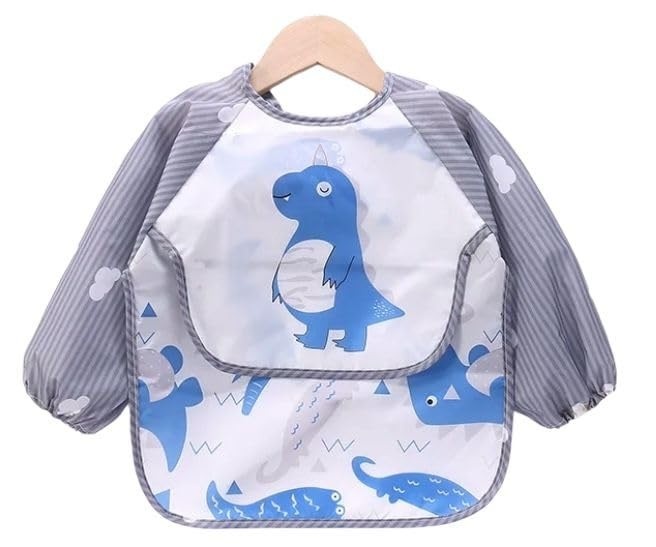 Babador Manga Longa Impermeável com Estampa de Dino Azul - Proteção Total contra Manchas