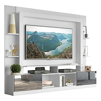 Estante com Espelho para TV até 65” – Oslo Branca/Tenerife