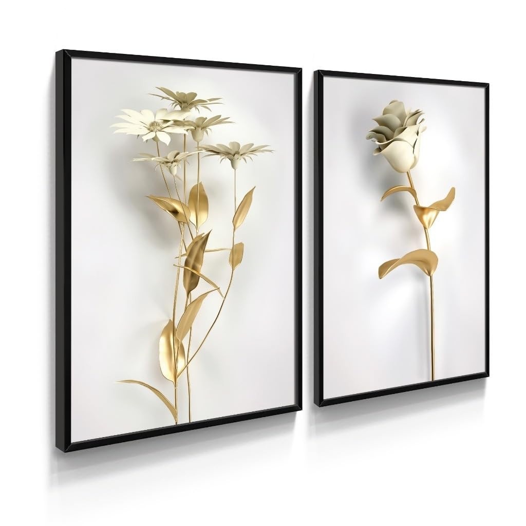 Quadros Decorativos A3 com Moldura e Vidro - Arte Botânica Dourada para Sala de Estar