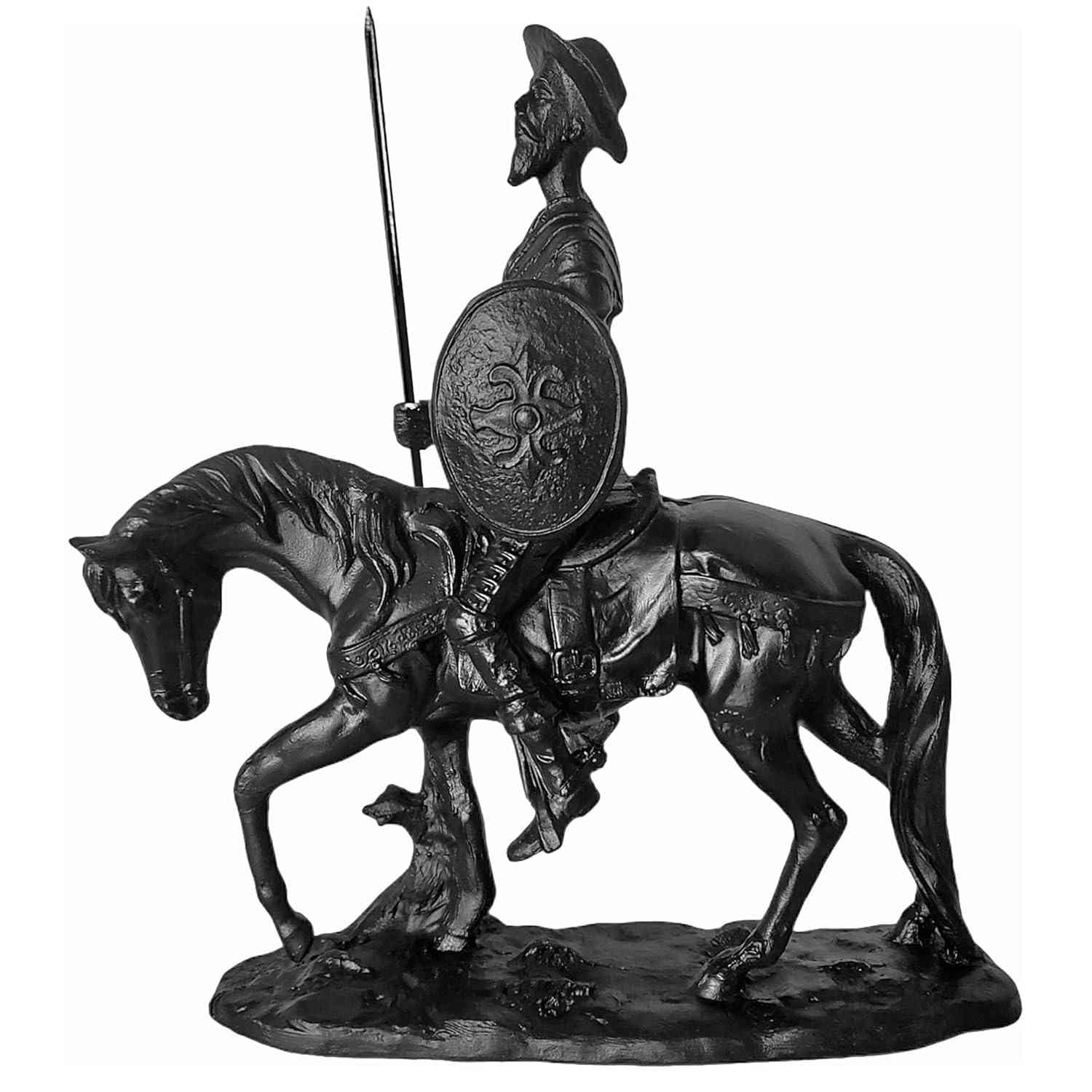 Estátua Dom Quixote de La Mancha com Cavalo e Lança 27cm em Resina Premium (Preto)