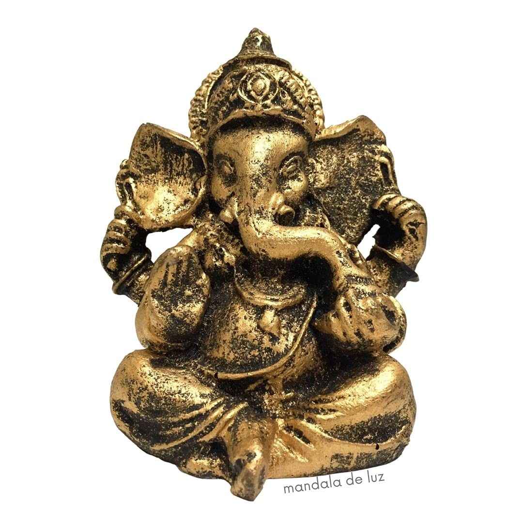 Estátua de Ganesha Dourado Pequeno em Resina 9,5cm - Decoração Hindu com Simbolismo