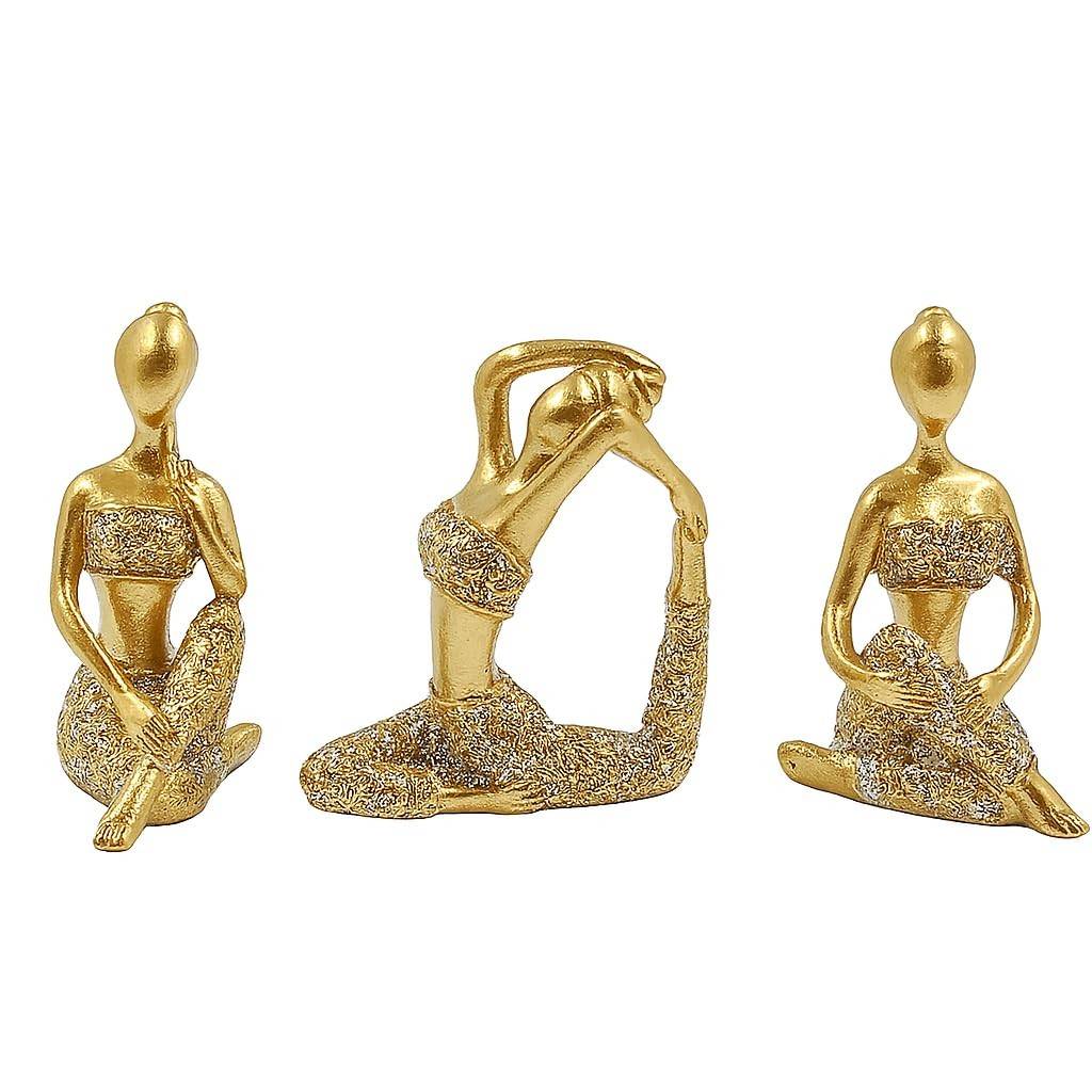 Kit Decoração Zen Mulher Yoga 3 Peças – Mini Estátuas em Resina Premium para Mesa, Sala ou Home Office – Feng Shui, Relaxamento, Presente Espiritual