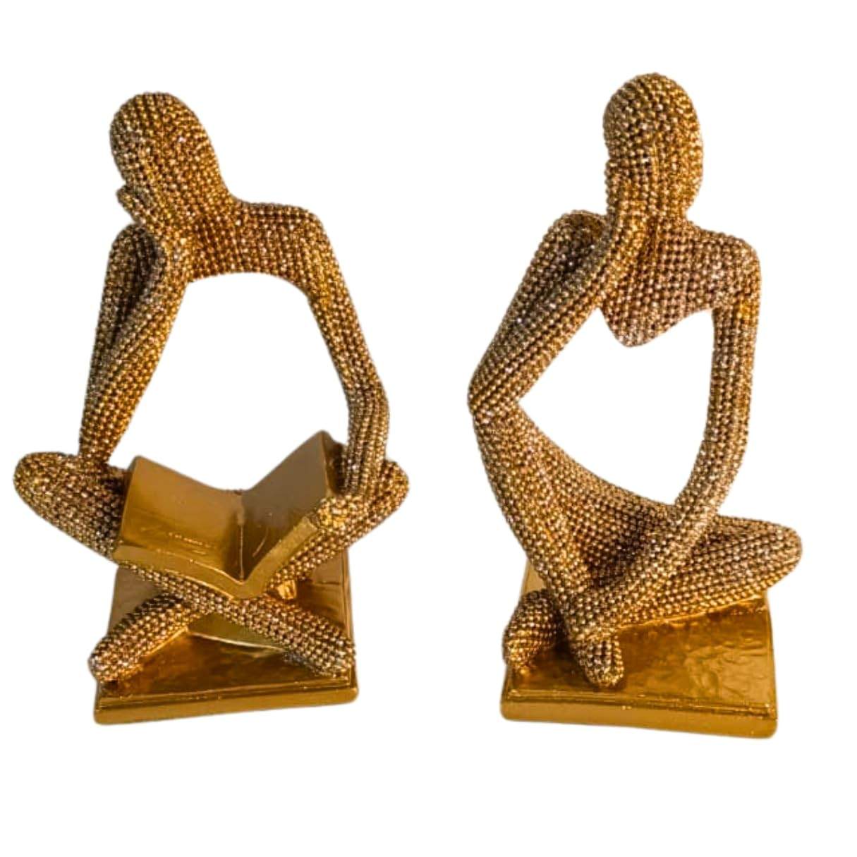 Conjunto de 2 Estátuas Decorativas Douradas - Silhuetas Artísticas em Leitura e Contemplação