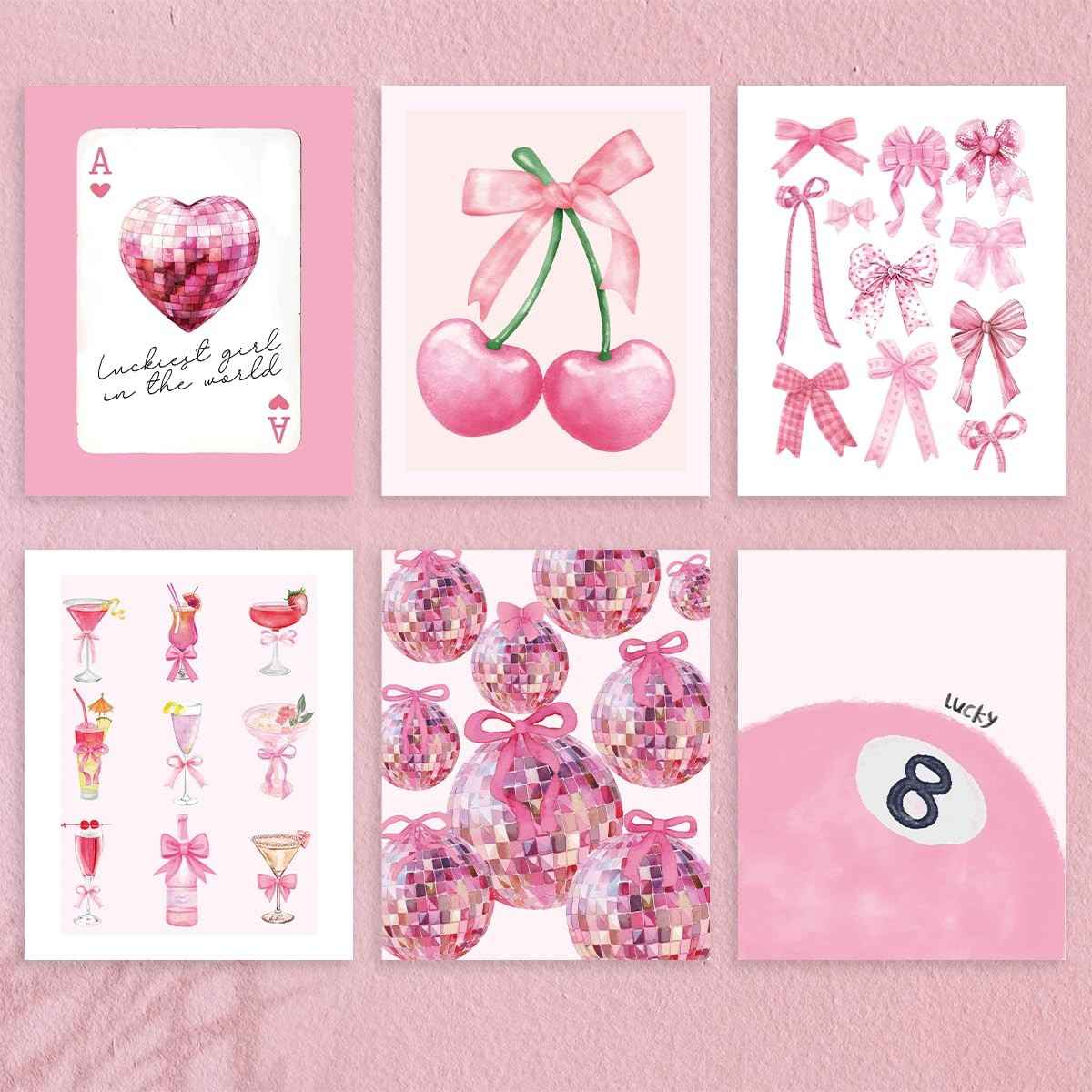 6 Pôsteres de Arte de Parede com Laço Rosa - Estilo Preppy Moderno para Decoração Feminina
