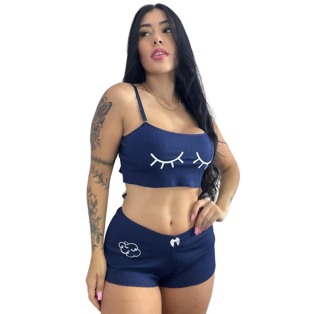 Pijama Canelado Estampado Cropped C1003 - Conforto e Estilo