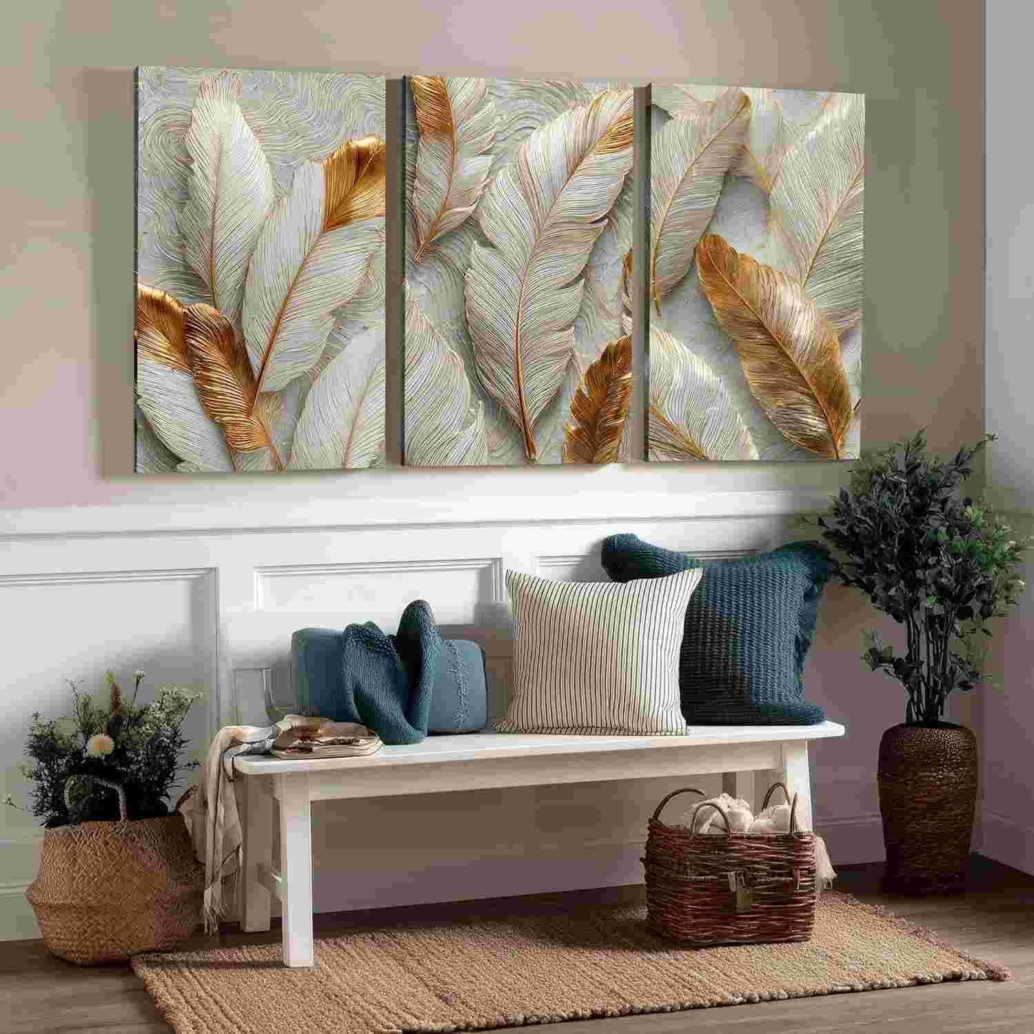 Kit 3 Quadros Decorativos Canvas com Arte Folhas Douradas 50x70cm - Decore com Estilo e Sofisticação