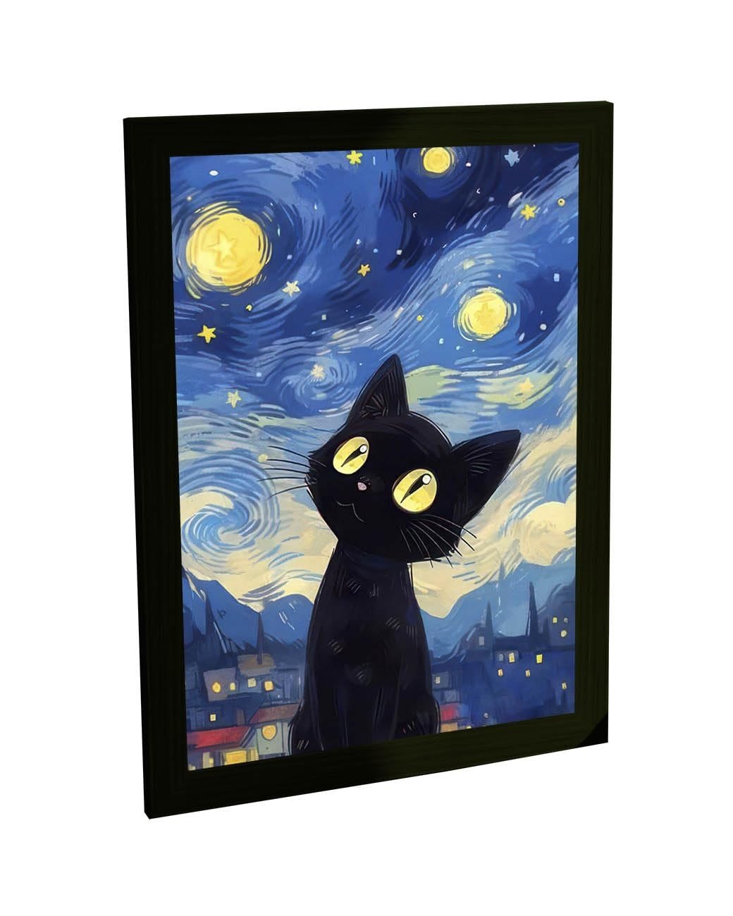 Quadro Decorativo Gatinho Preto Noite Estrelada - Estilo Van Gogh Anime para Decoração de Quarto e Sala