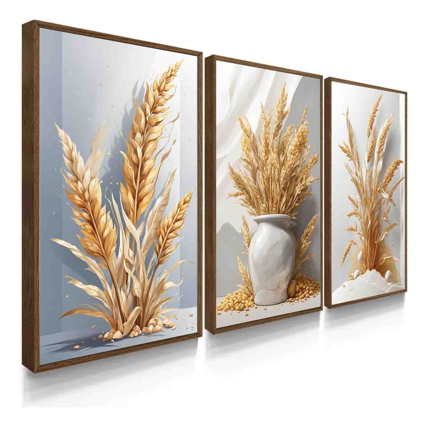 Kit 3 Quadros Decorativos Trigo Branco Dourado - Estilo Moderno para Ambientes de Prosperidade e Fartura