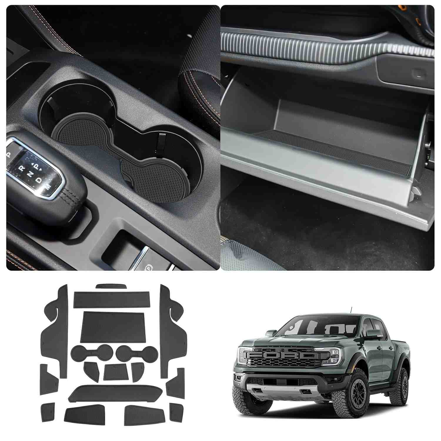 Tapetes Console e Porta Ford Ranger 2024: Proteção e Estilo em Silicone Premium (Preto, Branco, Azul, Vermelho)