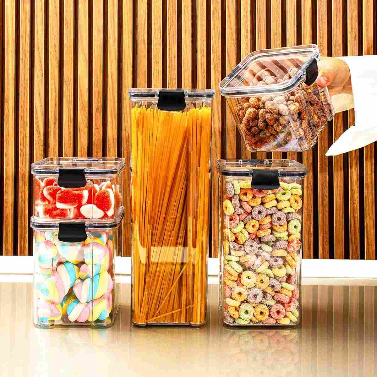 Kit 5 Potes Herméticos Empilháveis - Organize sua Cozinha com Estilo e Segurança