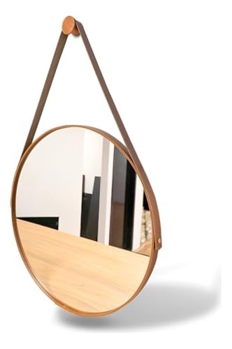 Espelho Adnet 60cm Lavabo Redondo em Couro Caramelo com Pino – Decore com Estilo e Sofisticação