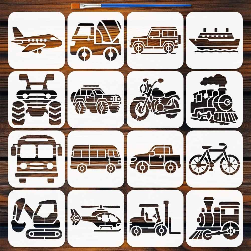 Estêncil FINGERINSPIRE 16 Estilos de Transporte com Pincel - Crie Arte em Madeira, Paredes e Mais!