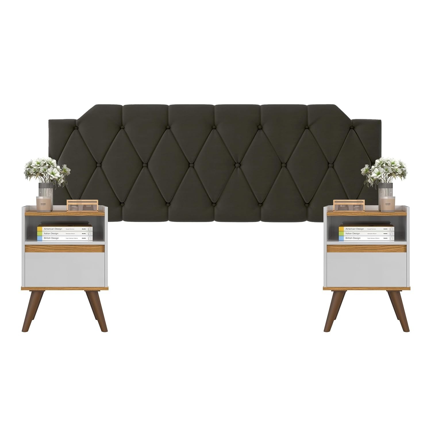 Conjunto Mesa de Cabeceira com Gaveta + Cabeceira Estofada para Cama Queen Size - Design Moderno Marrom