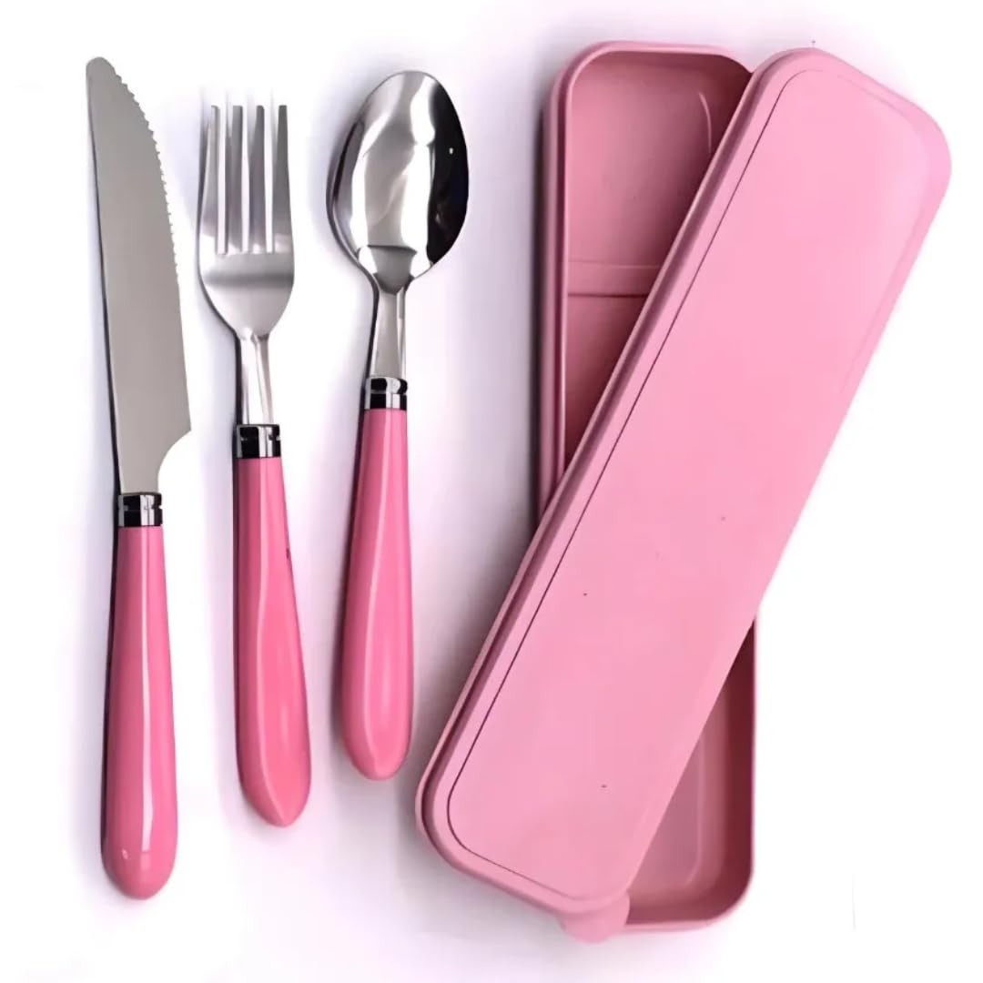 Jogo de Talher Inox Portátil 3 Peças com Estojo Rosa - Colher, Garfo e Faca para Viagem, Trabalho e Escola