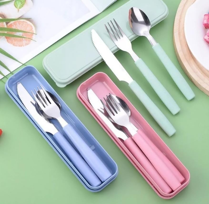 Jogo de Talheres com Estojo Portátil em Aço Inox – 3 Peças com Cabo Colorido para Marmita e Viagens