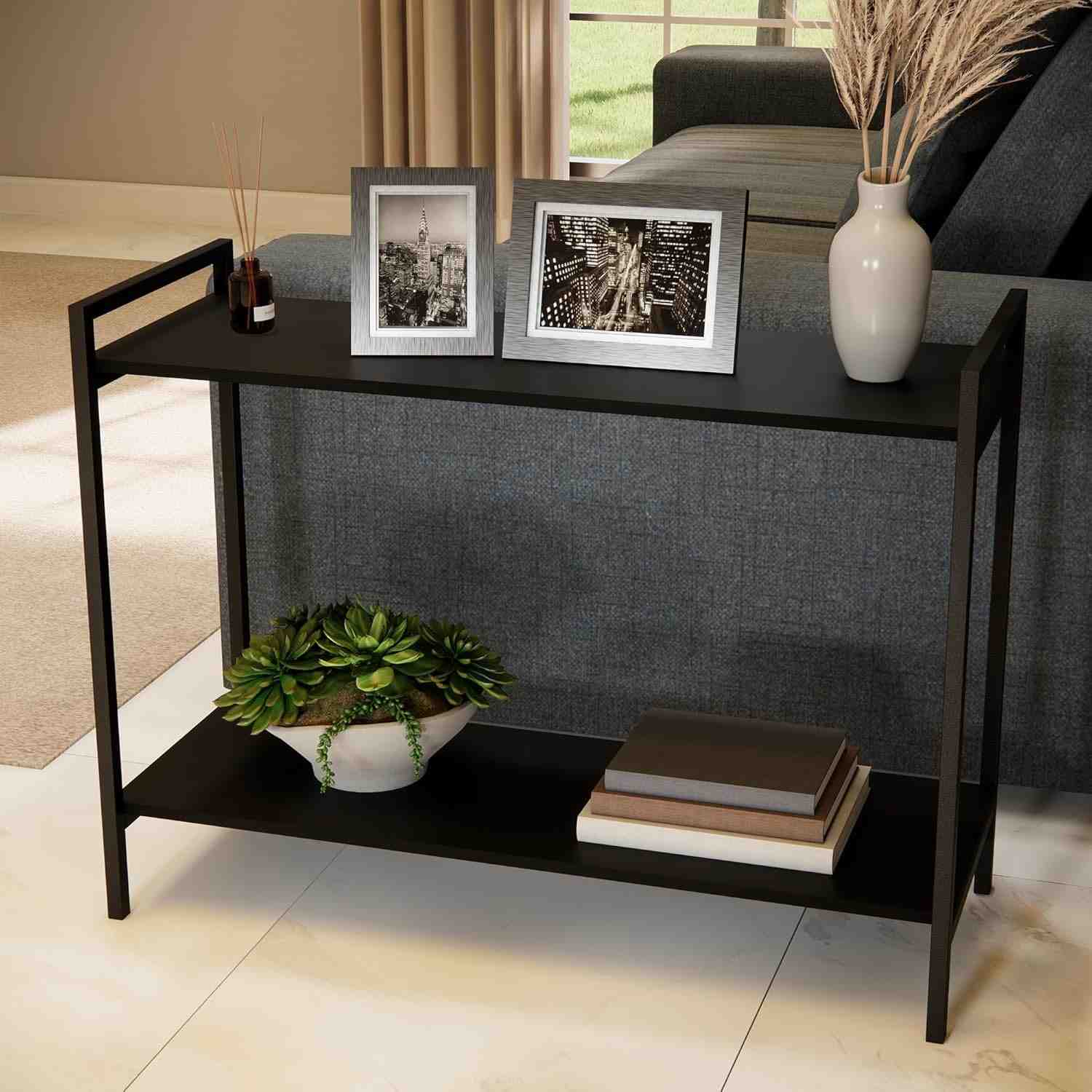 Mesa Lateral Industrial para Sofá - Tampo MDF e Estrutura Metálica Preta Moderna