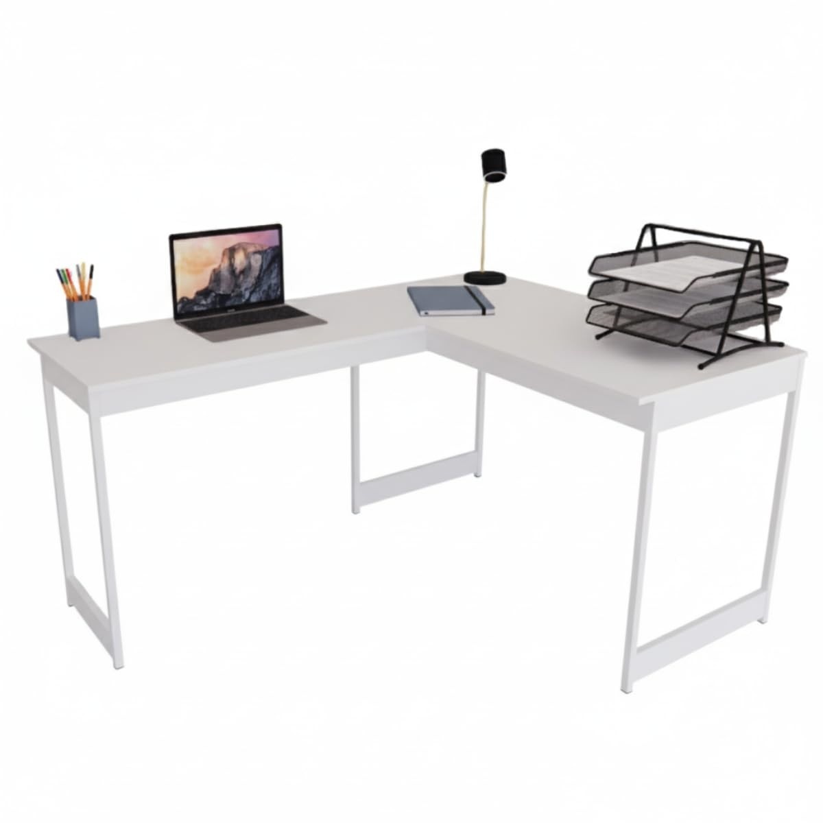 Mesa em L Estilo Industrial Branco com Pés Brancos - Escrivaninha de Canto para Escritório e Estudo
