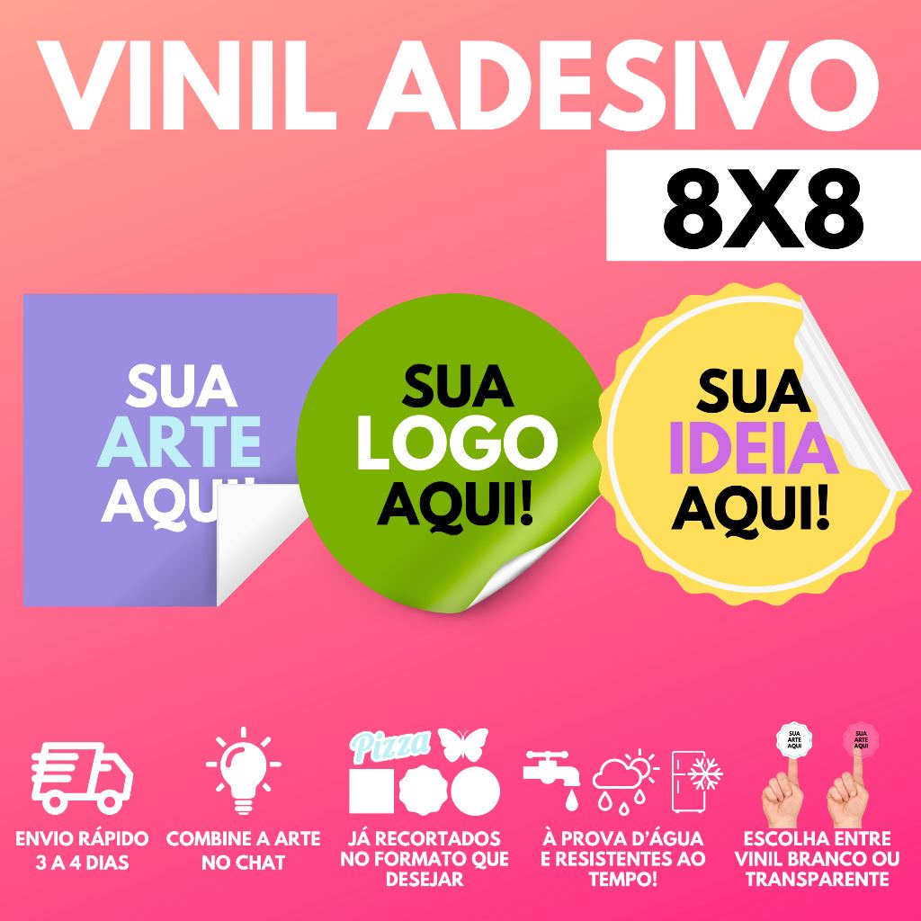 Etiquetas Adesivas Personalizadas 8x8 cm em Vinil – Alta Qualidade e Durabilidade