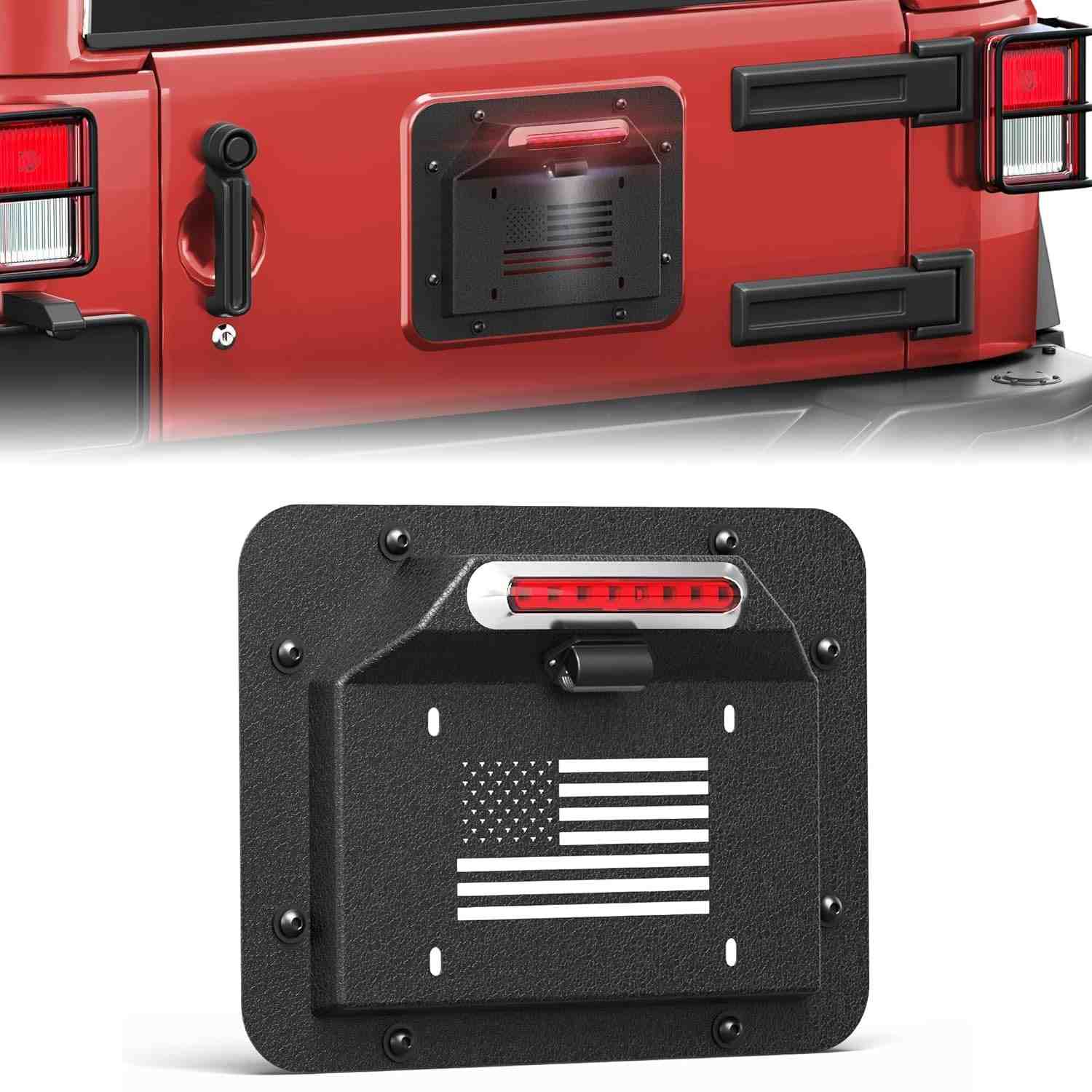 Suporte Placa Jeep JK JKU 2007-2018 com LED Bandeira EUA - Realocação Premium