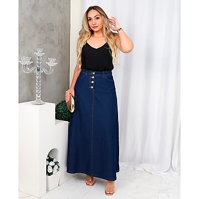 Saia Longa Jeans com Gode Soltinha para Moda Evangélica