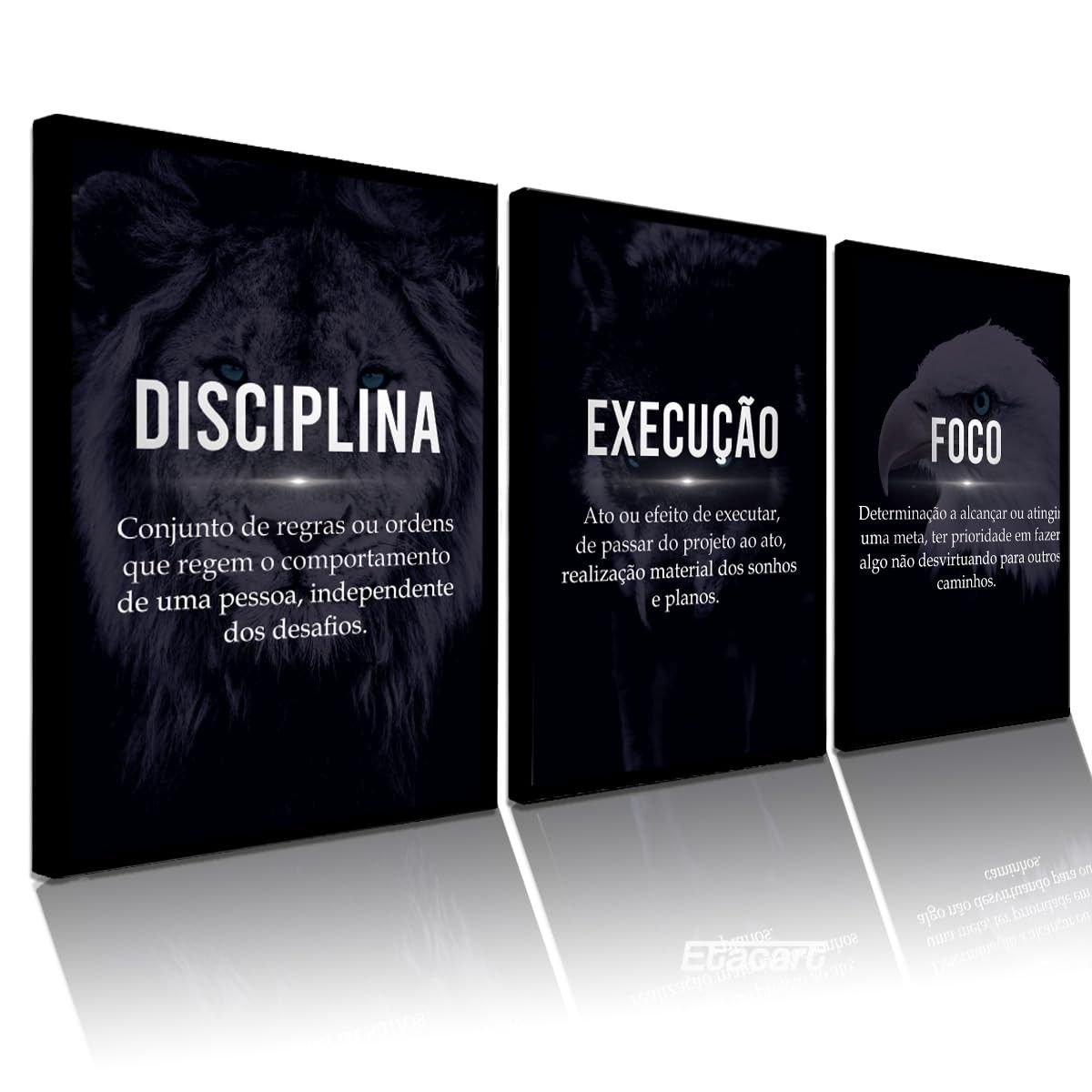 Quadros Decorativos Disciplina Execução Foco Motivacional com Animais - 3 Peças 40x60 cm em MDF Premium