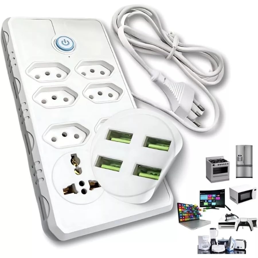 Extensão Elétrica 7 Tomadas + 4 USB Bivolt: Proteção Total e Carregamento Rápido para seu Escritório e Casa