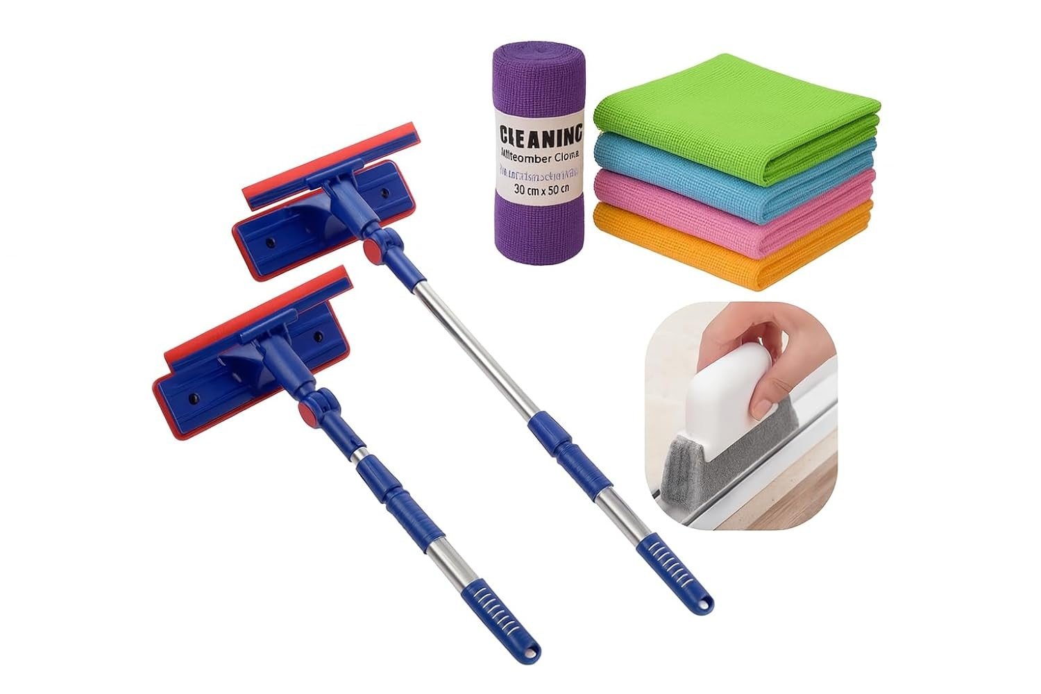 Rodo Mágico 2 em 1 com Esponja para Cantos e Cabo Extensível - Kit Completo com 5 Pães Microfibra