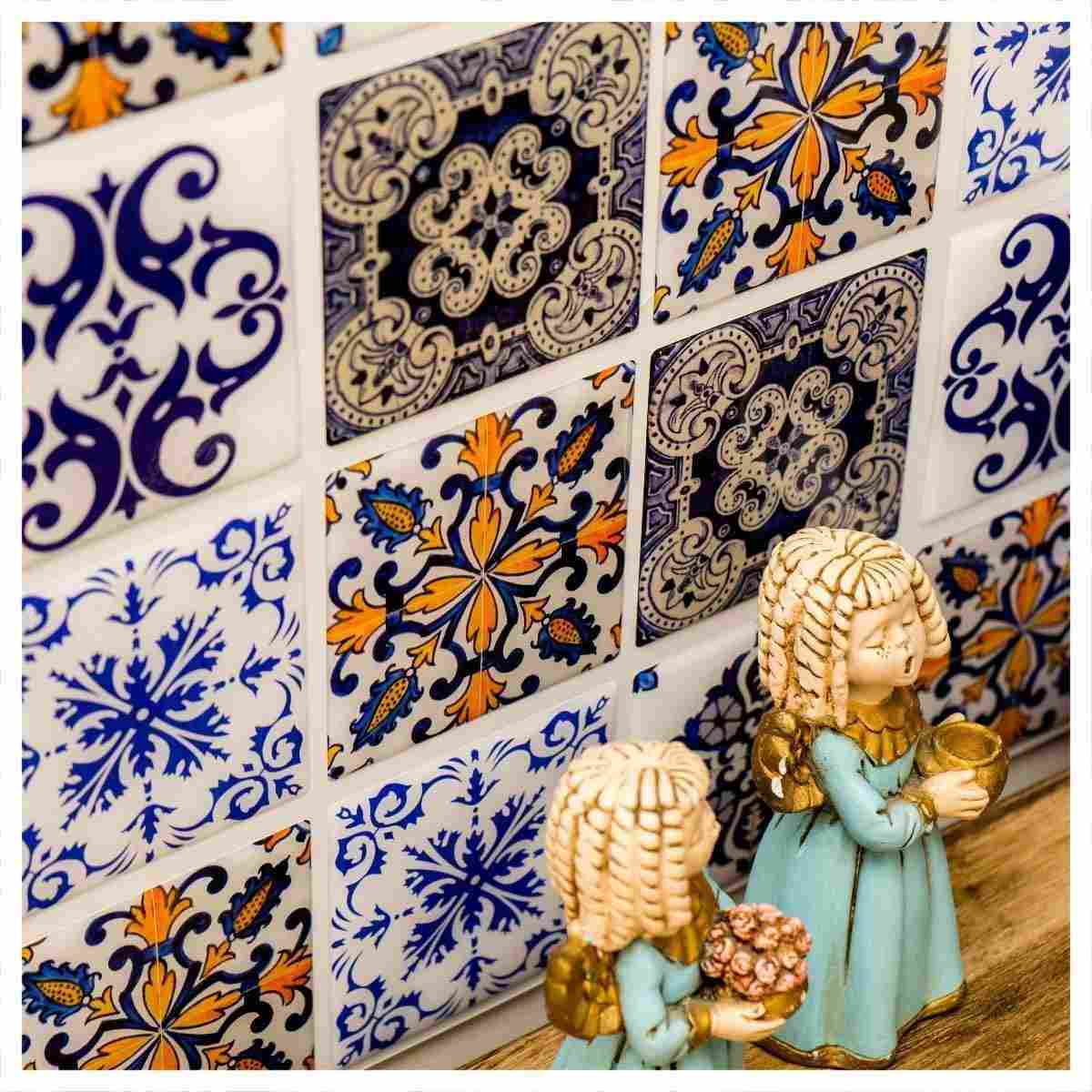 Pastilha Adesiva Azulejo Português Resinada - Kit 4 Placas para Decoração Fácil e Elegante