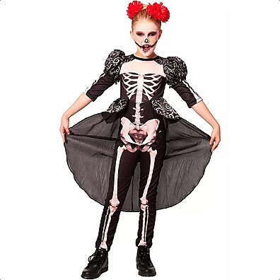 Fantasia Caveira Mexicana Rainha Esqueleta para Meninas