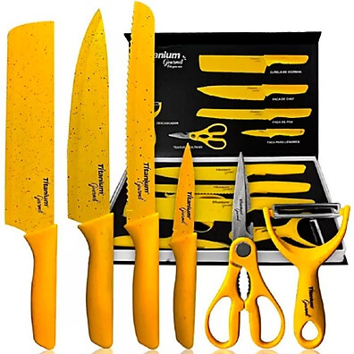 Faqueiro Gourmet 6 Peças: Aço Inox Amarelo Profissional