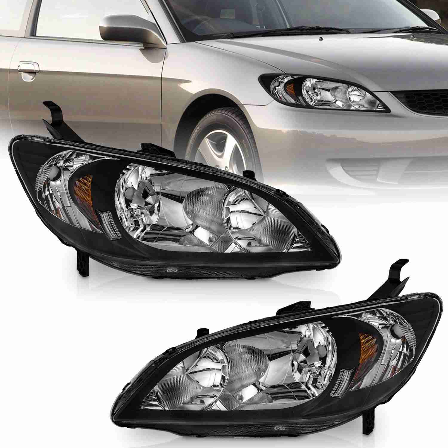 Kit Faróis WEELMOTO para Honda Civic 2004-2005 (2/4 Portas) - Preto Refletor Âmbar (Esquerdo + Direito)