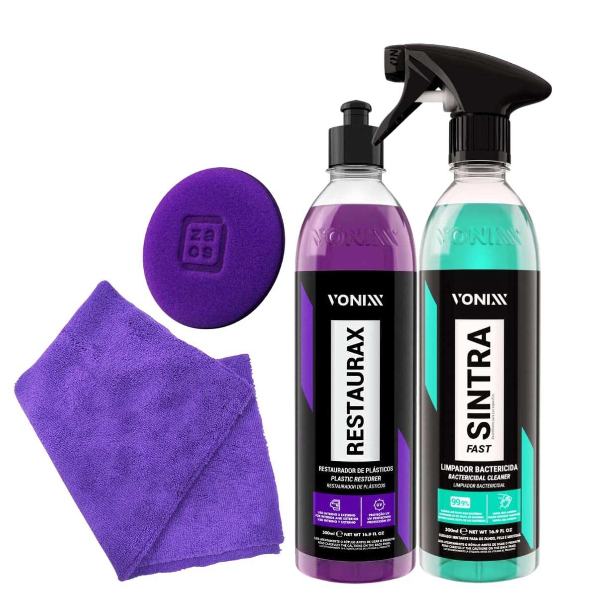 Kit Completo Plásticos Externos: Limpador Bactericida Sintra Fast + Restaurax Renovador + Toalha Roxa