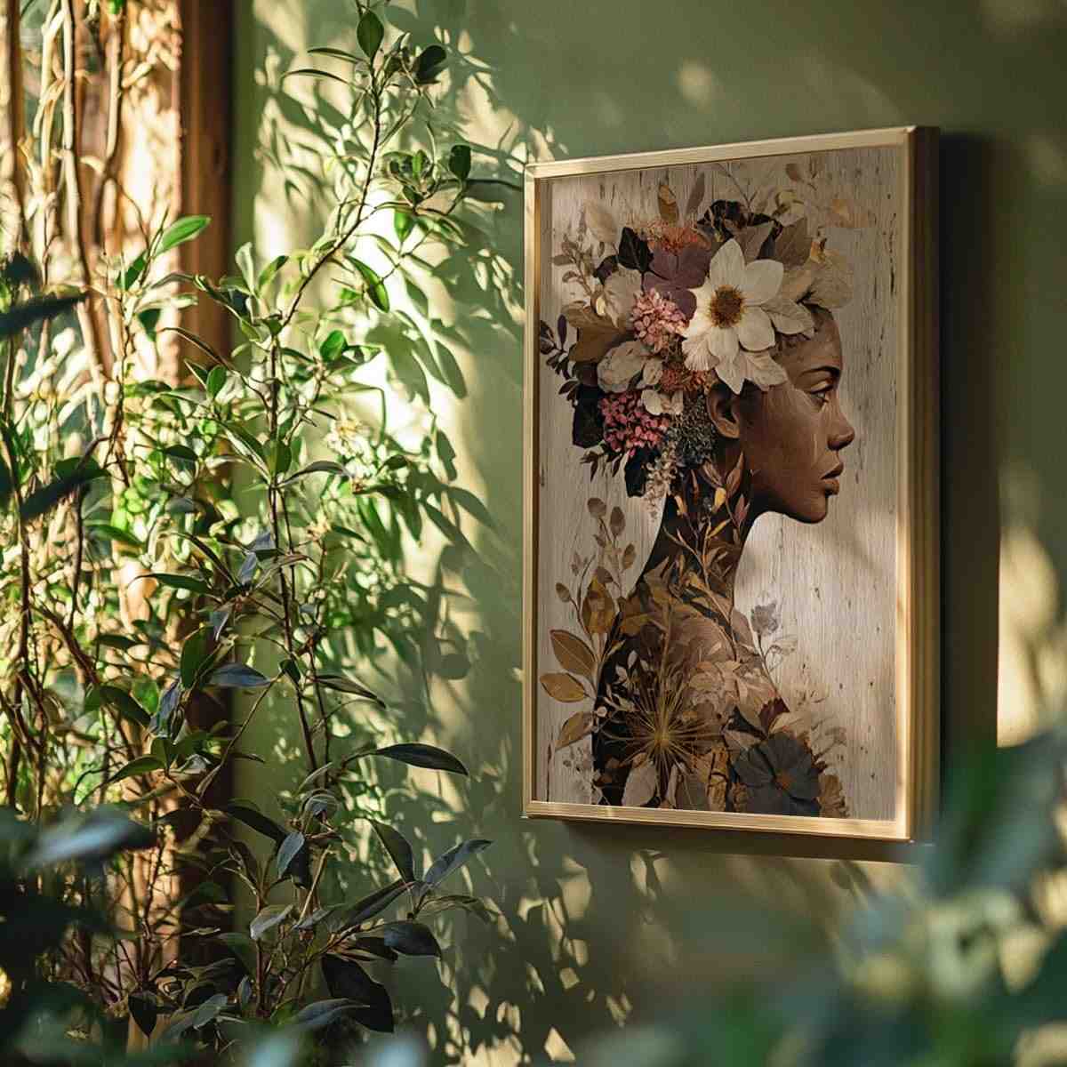 Quadro Decorativo Mulher Afro Flores - Arte Feminina Elegante com Moldura para Sala e Quarto