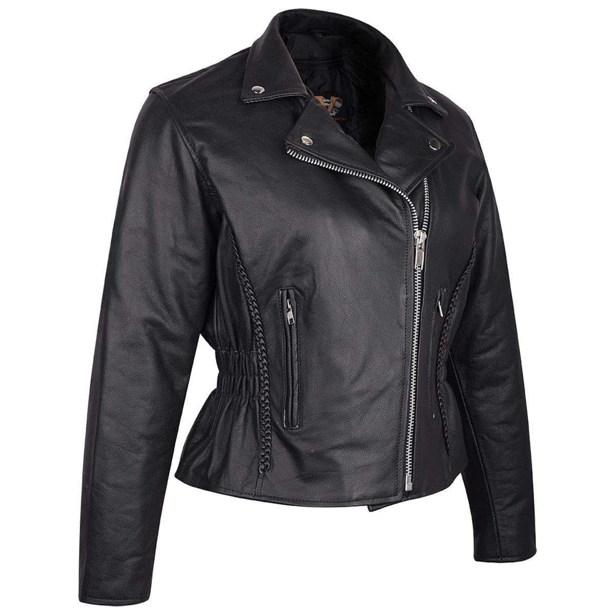Vance Leather Jaqueta feminina de couro de motocicleta com trança de couro bovino premium