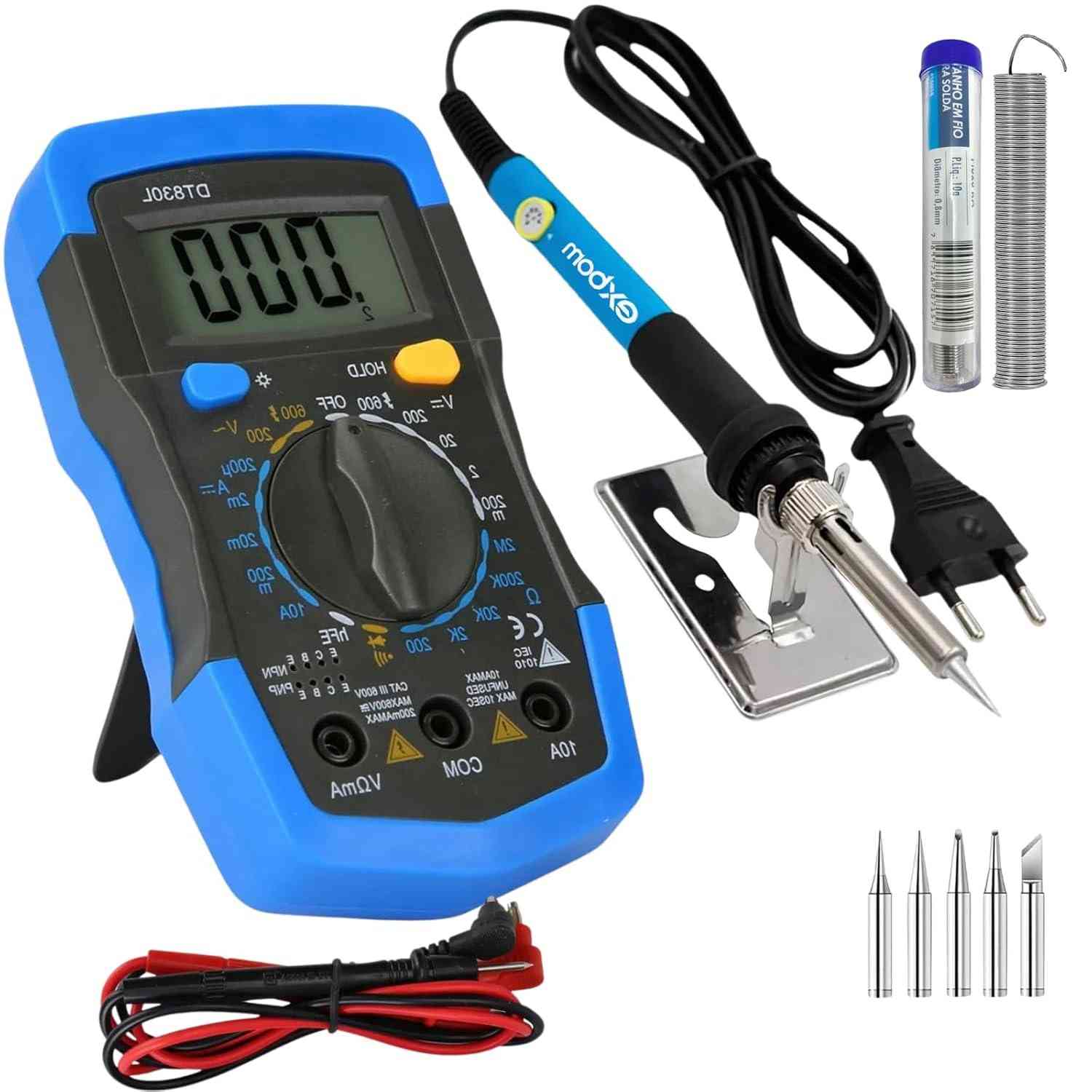 Kit Essencial Eletrônica: Multímetro Digital Profissional MD-200L + Ferro de Solda Ajustável 127V + Solda Estanho