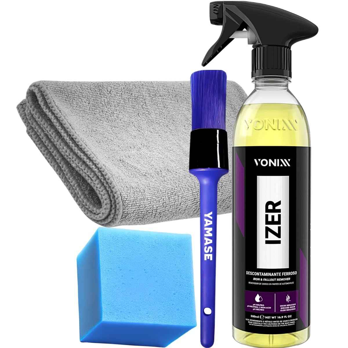Kit Completo Descontaminante Ferroso Izer + Pincel Roma + Pano Microfibra 40x40 - Detalhamento Automotivo Profissional
