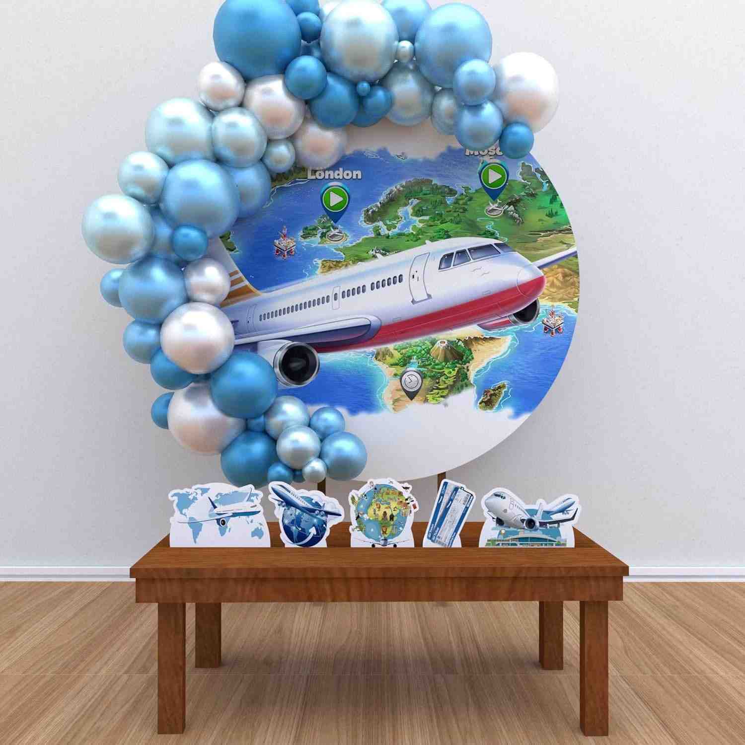 Kit Decoração Painel Redondo Festa Infantil Tema Avião - Design Piloto | Ideal para Aniversário