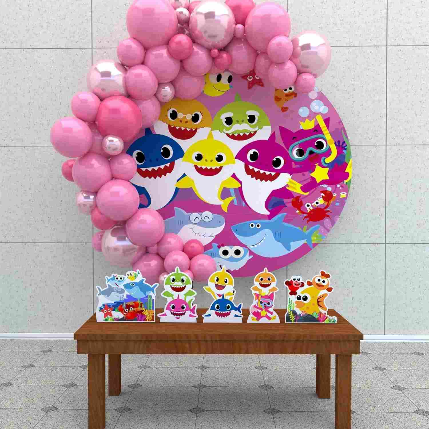 Kit Decoração Painel Redondo Fundo do Mar Tubarões - Festa Infantil Temática