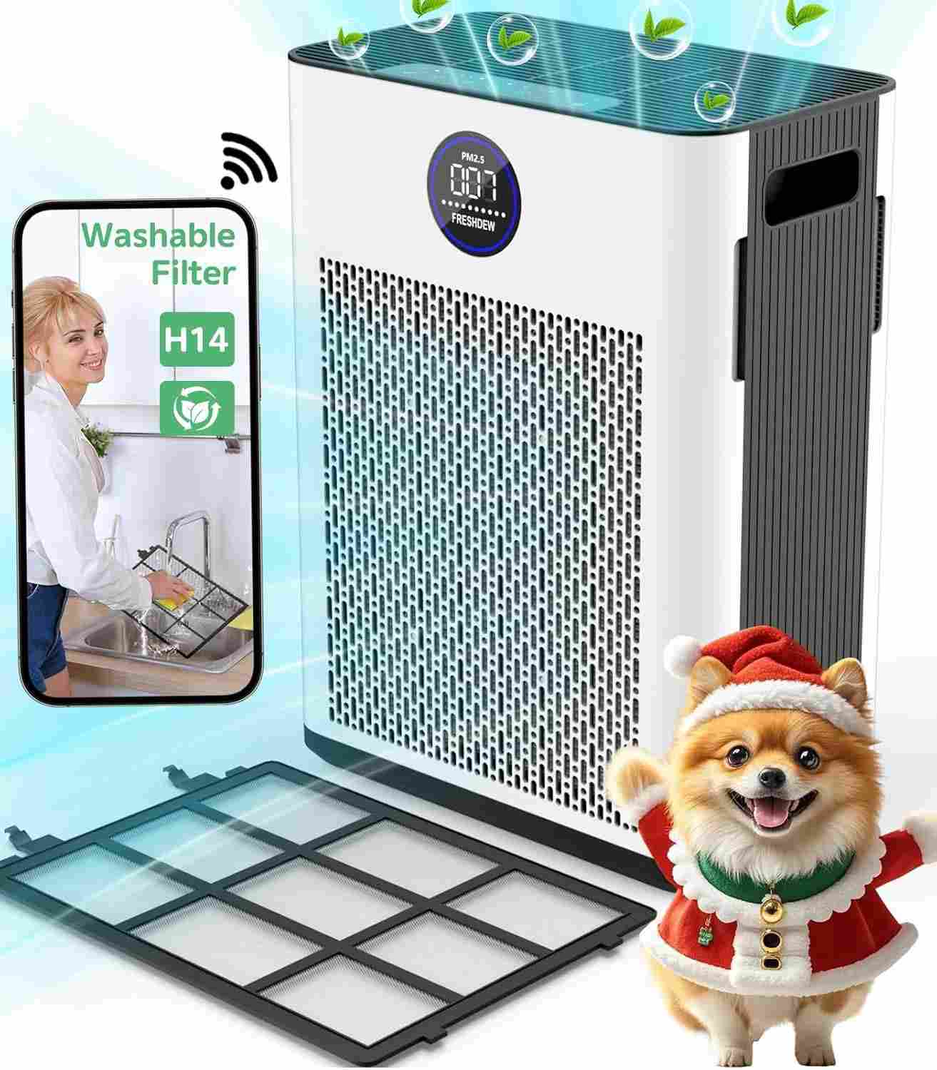 Purificador de Ar FRESHDEW com Wi-Fi Inteligente, Sensor de Qualidade do Ar e Filtro HEPA H13 para Ambientes Até 170m²