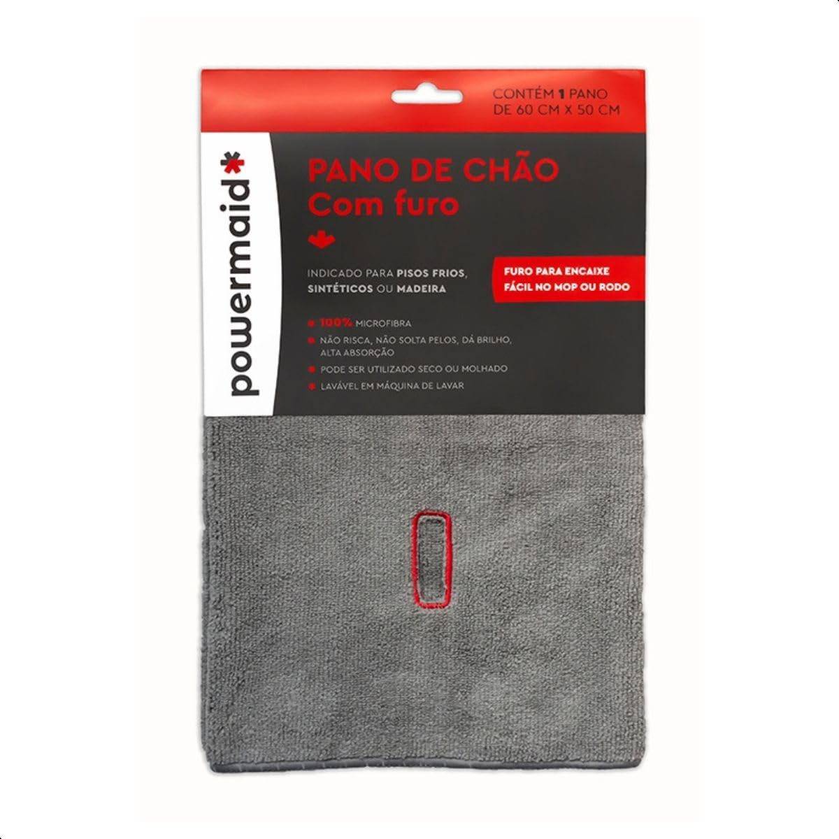 Powermaid Pano de Chão Microfibra com Furo - 60x50cm Cinza - Limpeza Profunda e Sem Fiapos